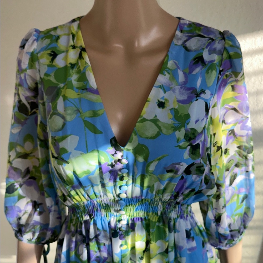 Taylor Floral Long Sleeve Dress in Blue and Green - Picture 3 of 15